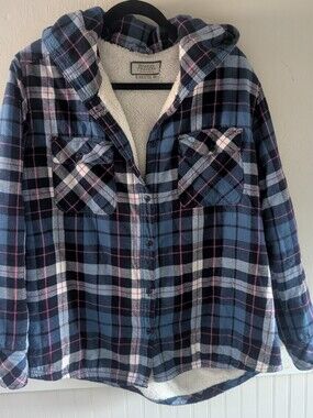 Boston Traders Navy and Light Blue Plaid Sherpa-Lined Hooded Jacket